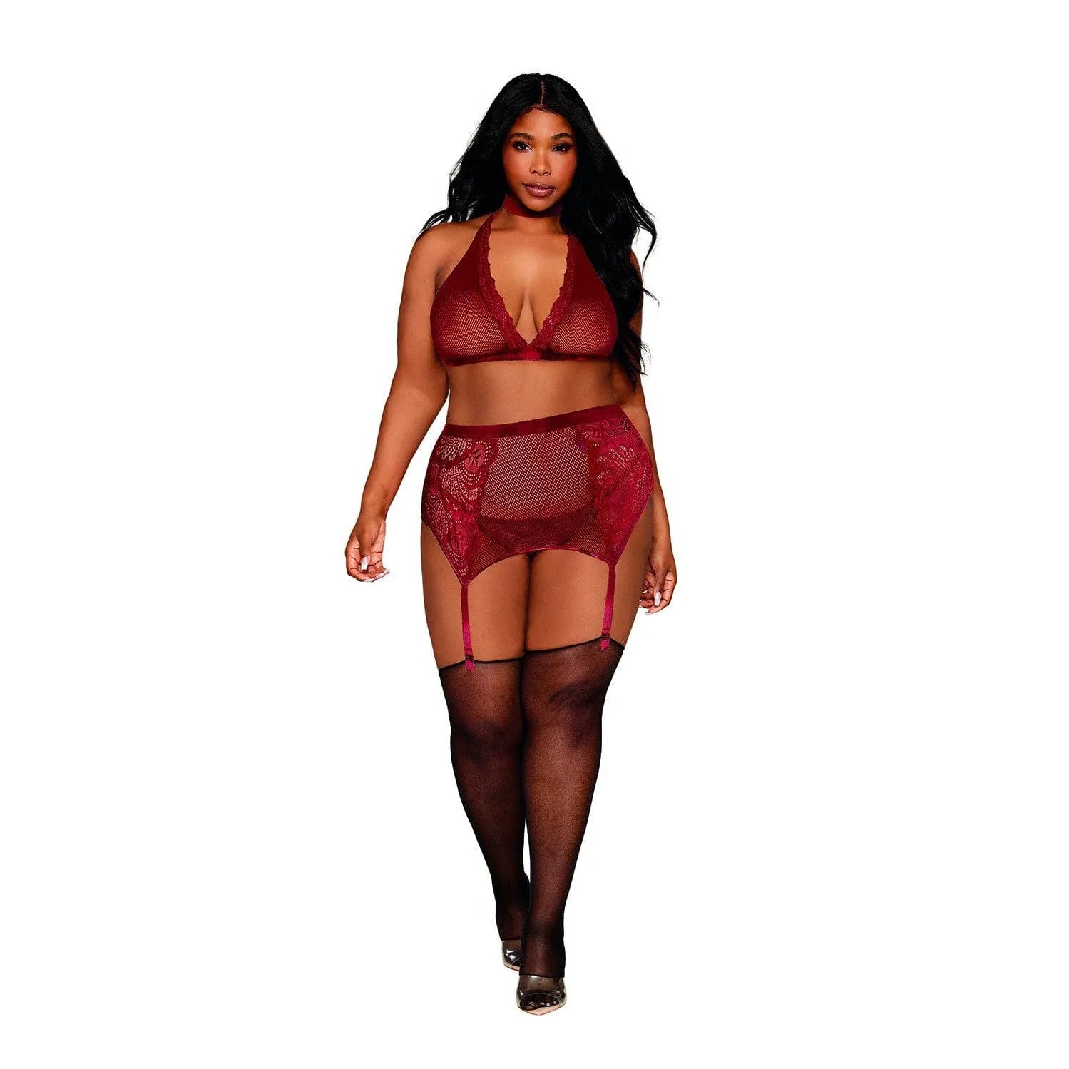 Ensemble lingerie grande taille rouge bordeaux en dentelle, résille, avec soutien-gorge sans armatures et porte-jarretelles.