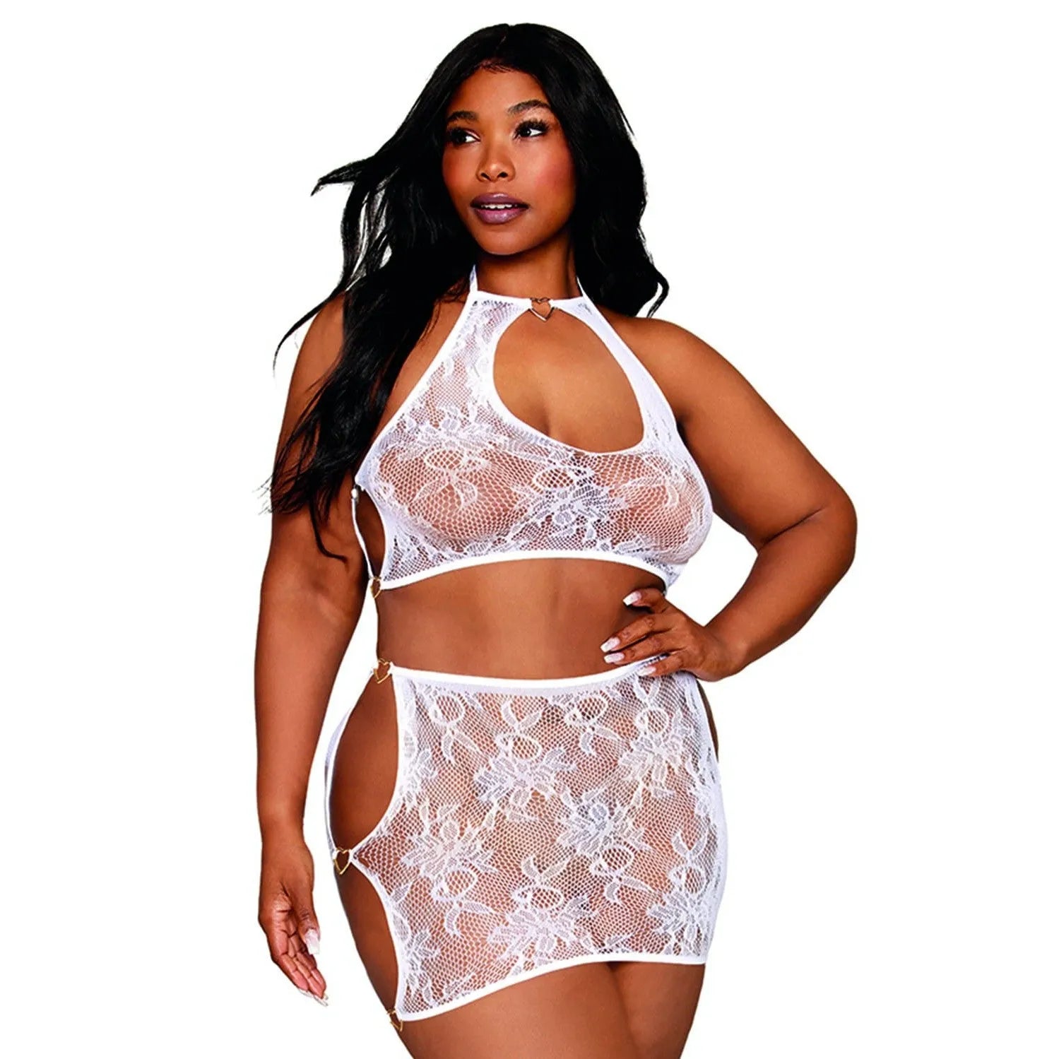 Ensemble grande taille résille florale échancrée top jupe élastique nylon élasthanne confortable soirée romantique séduction féminité