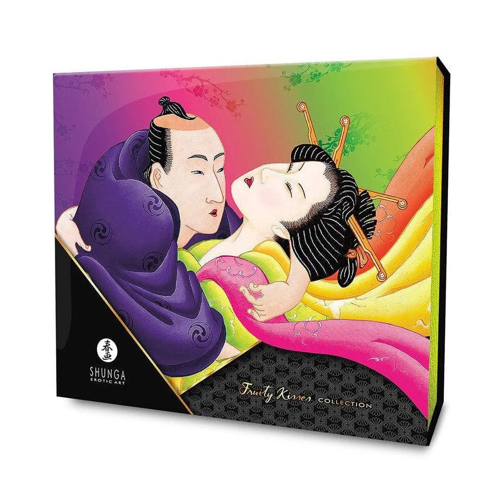Coffret coloré d'huiles de massage fruits exotiques, design artistique, pour moments intimes sensuels et aromatiques.