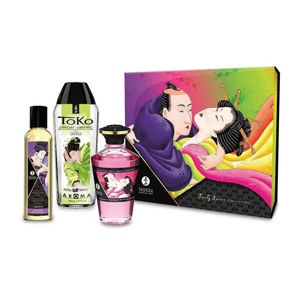 Coffret huiles massage fruits exotiques sensuels, flacons colorés, design artistique, idéal pour moments intimes.
