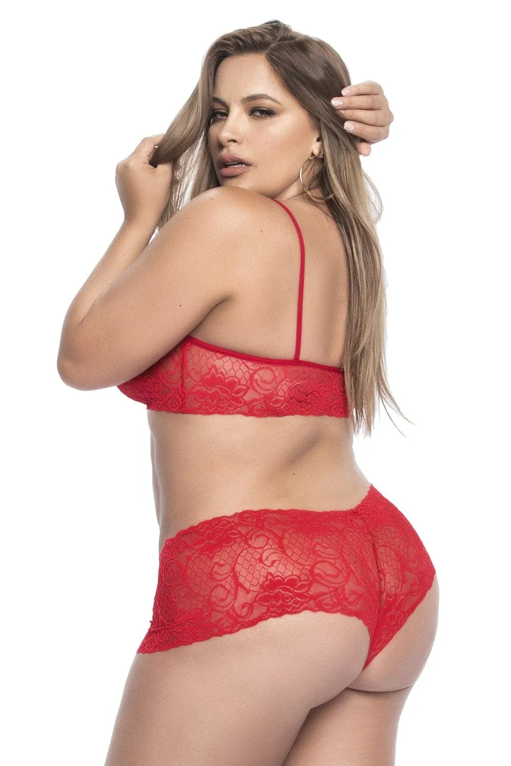 Ensemble lingerie dentelle rouge grande taille avec mini bustier et shorty galbant, bretelles réglables, élégant et sensuel.