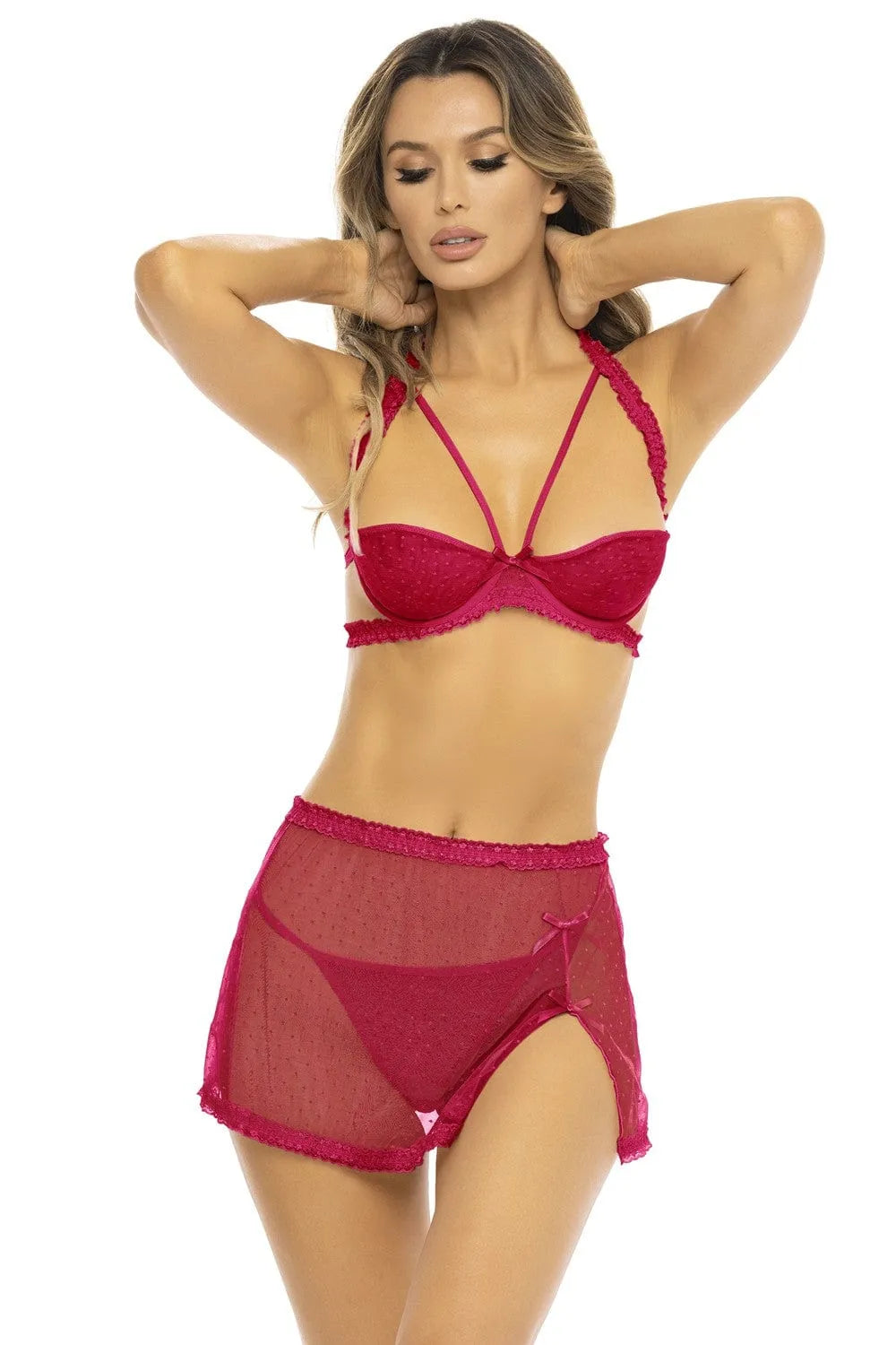 ensemble lingerie dentelle rouge sexy élégante raffinée bralette jupe résille ouverte arrière string assorti confort nylon élasthanne René Rofé