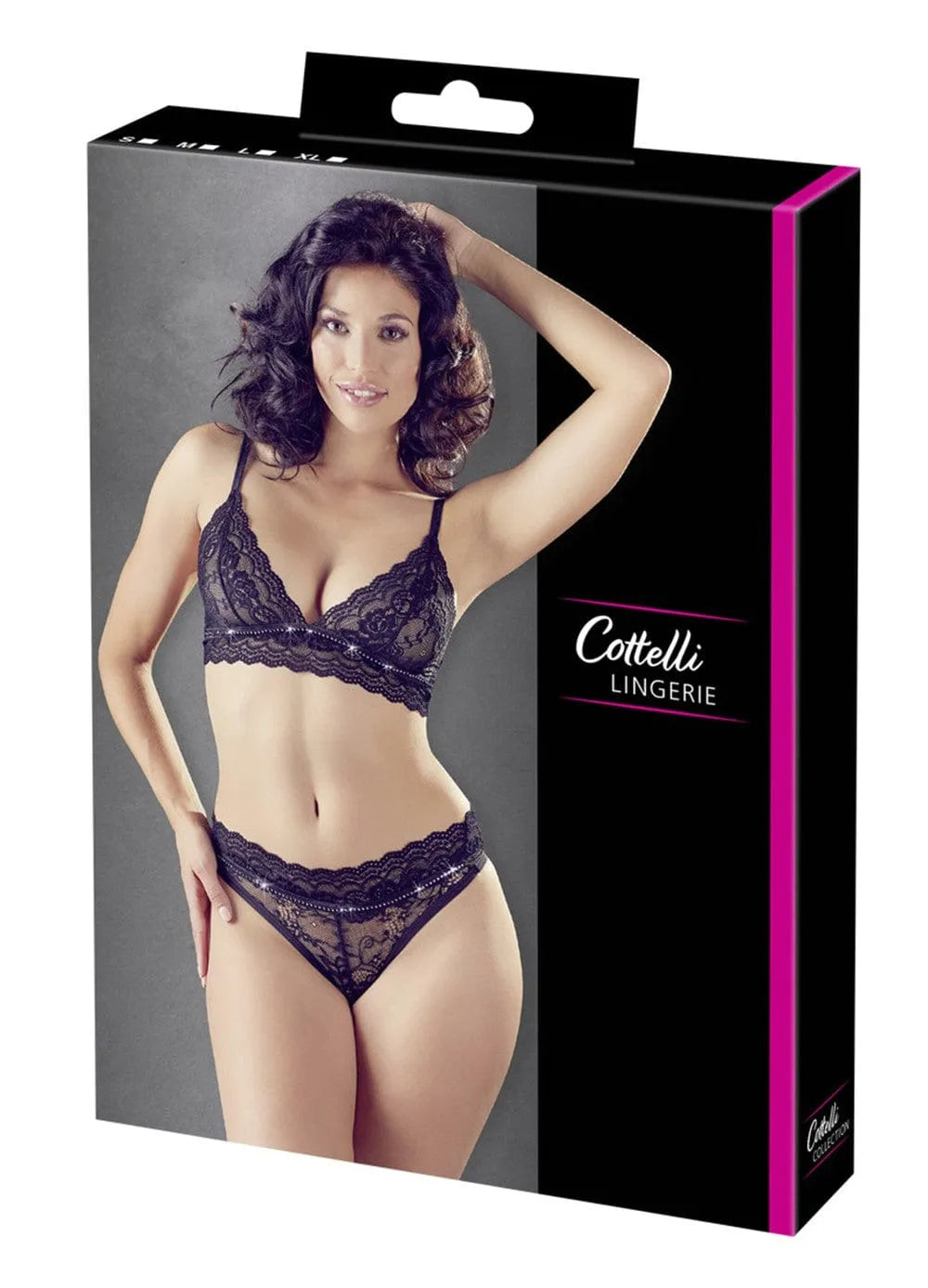 Ensemble lingerie dentelle noire avec strass, soutien-gorge bretelles réglables, culotte assortie, élégant et sensuel.