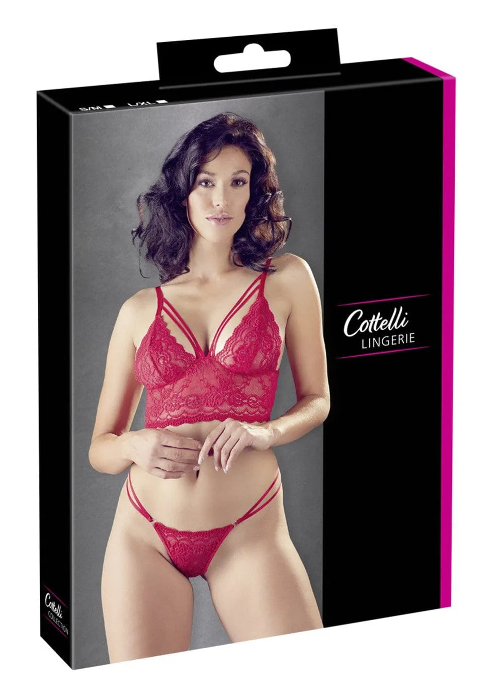 Ensemble lingerie femme rouge en dentelle avec soutien-gorge bretelles réglables et string à lanières, design élégant.