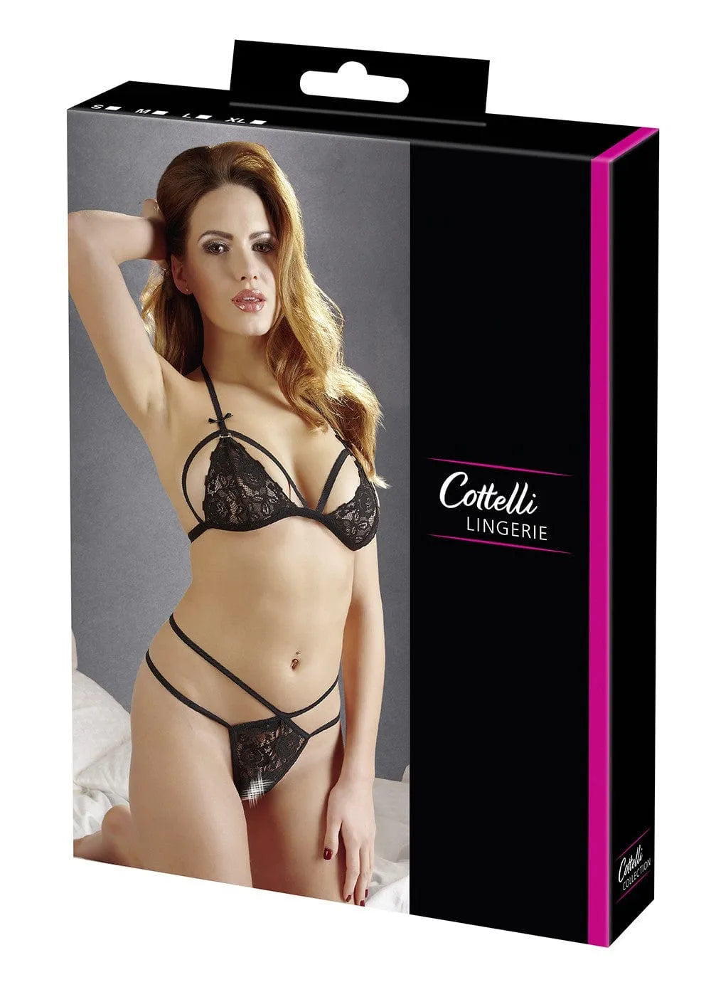 Ensemble lingerie noire en dentelle florale avec soutien-gorge souple et string ouvert, bretelles réglables, Cottelli.