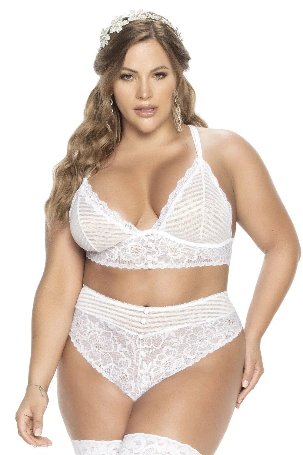 ensemble lingerie grande taille blanc résille rayée dentelle fleurie boutons satin soutien gorge armatures bretelles réglables string assorti ceinture large