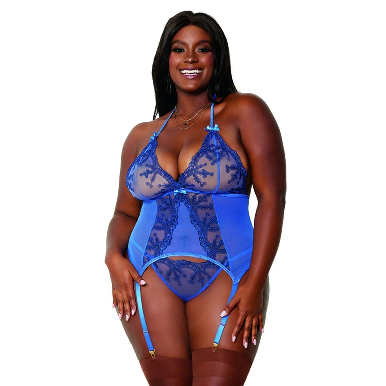 Ensemble Lingerie Grande Taille Bleu Résille Dentelle Bustier Jarretelles String Assorti Maintien Confort Séduisant Sensuel Raffiné Féminin