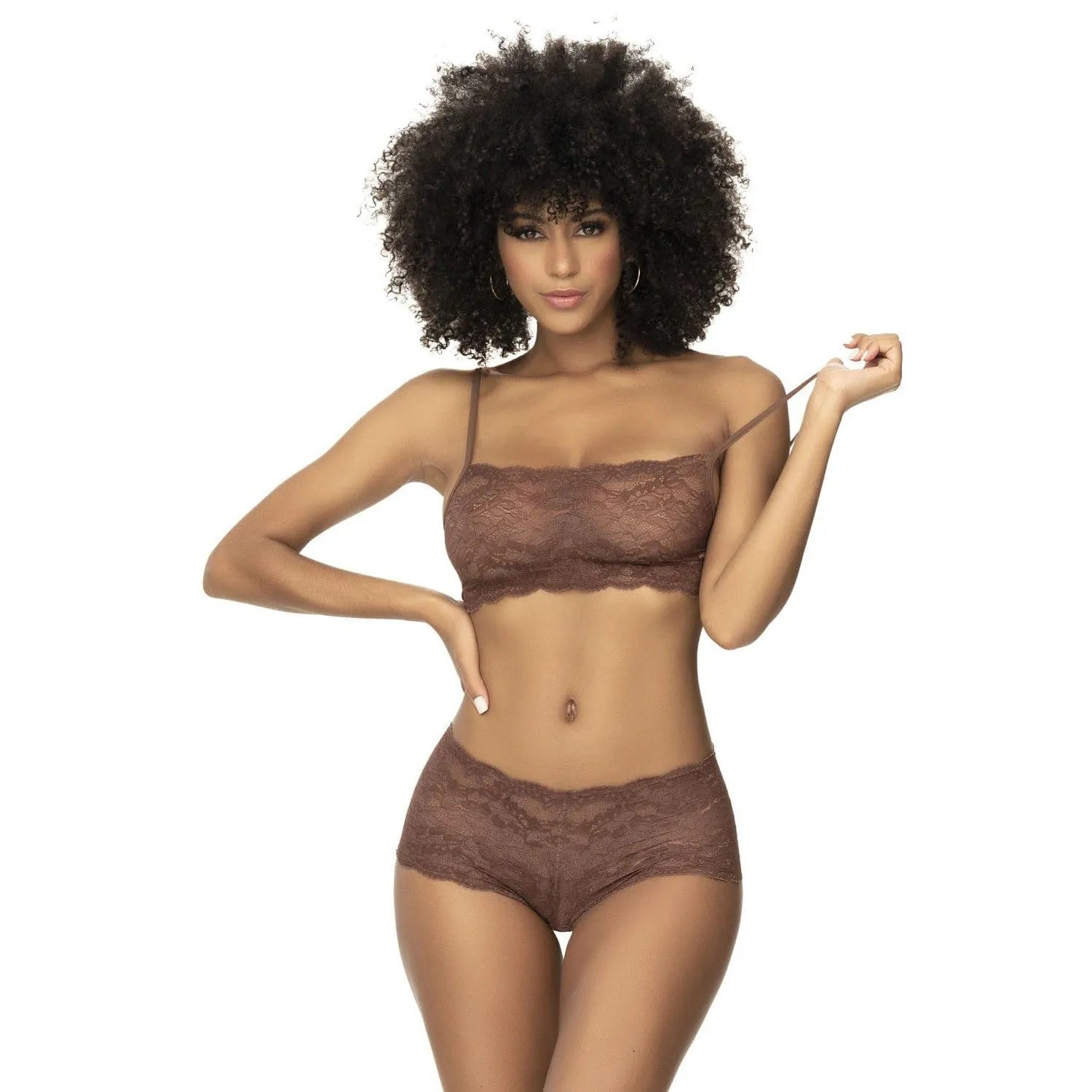 Ensemble lingerie grande taille dentelle cacao top mini bustier taupe bretelles réglables shorty galbant courbes doux extensible nylon élasthanne sexy