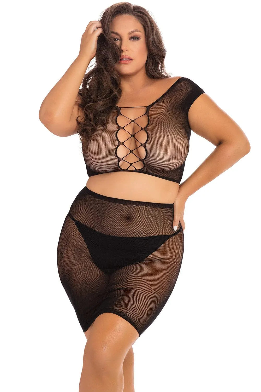 ensemble lingerie grande taille résille transparente haut manches courtes lacets ajustables jupe résille laçage croisé arrière extensible confortable sensuel