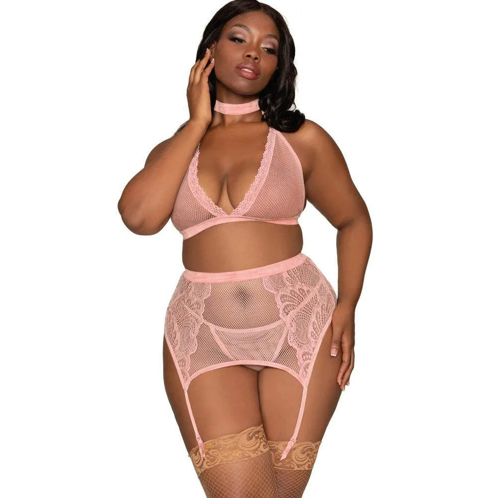 ensemble lingerie grande taille résille dentelle quatre pièces velours extensible soutien gorge licou réglable porte jarretelles ajustable string