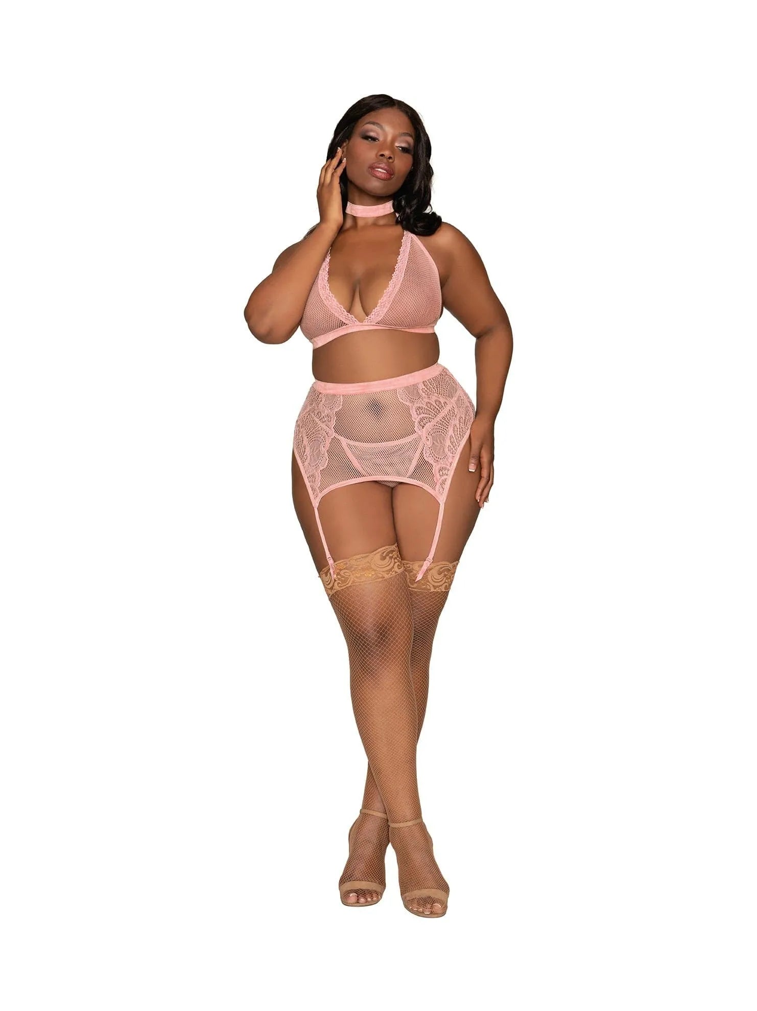 Ensemble lingerie grande taille résille dentelle, velours extensible, soutien-gorge licou, porte-jarretelles ajustable.