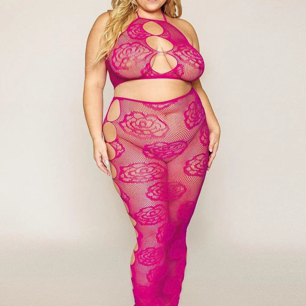 Ensemble lingerie grande taille rose résille, soutien-gorge bandeau dos nu, jupe longue motif floral, élégant et séduisant.