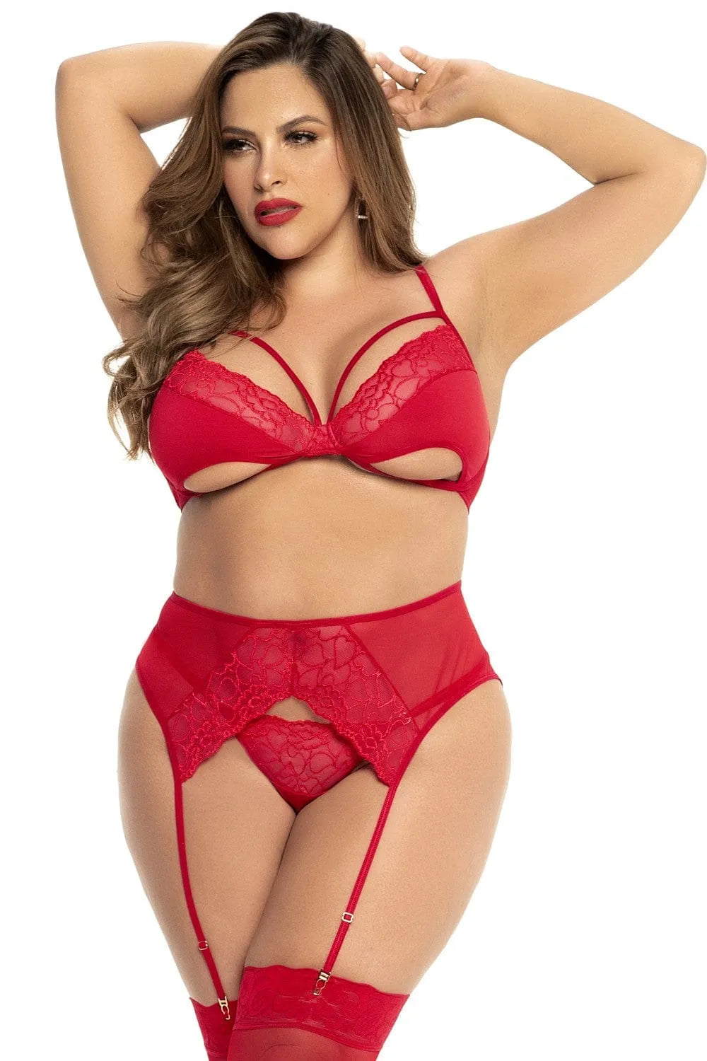ensemble lingerie grande taille rouge élégant soutiengorge bretelles réglables portejarretelles ajustable string assorti maintien confort extensible polyamide elasthanne