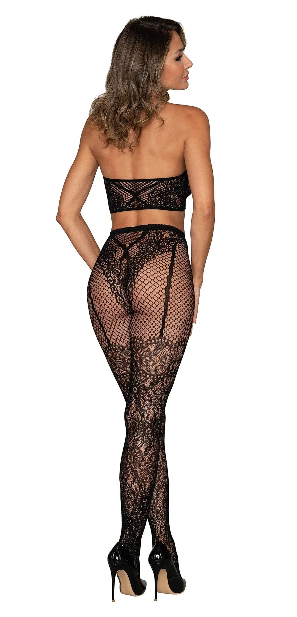 Ensemble lingerie noir résille et dentelle, dos nu, brassière attache cou, collants imprimés, jarretière, cuissardes.