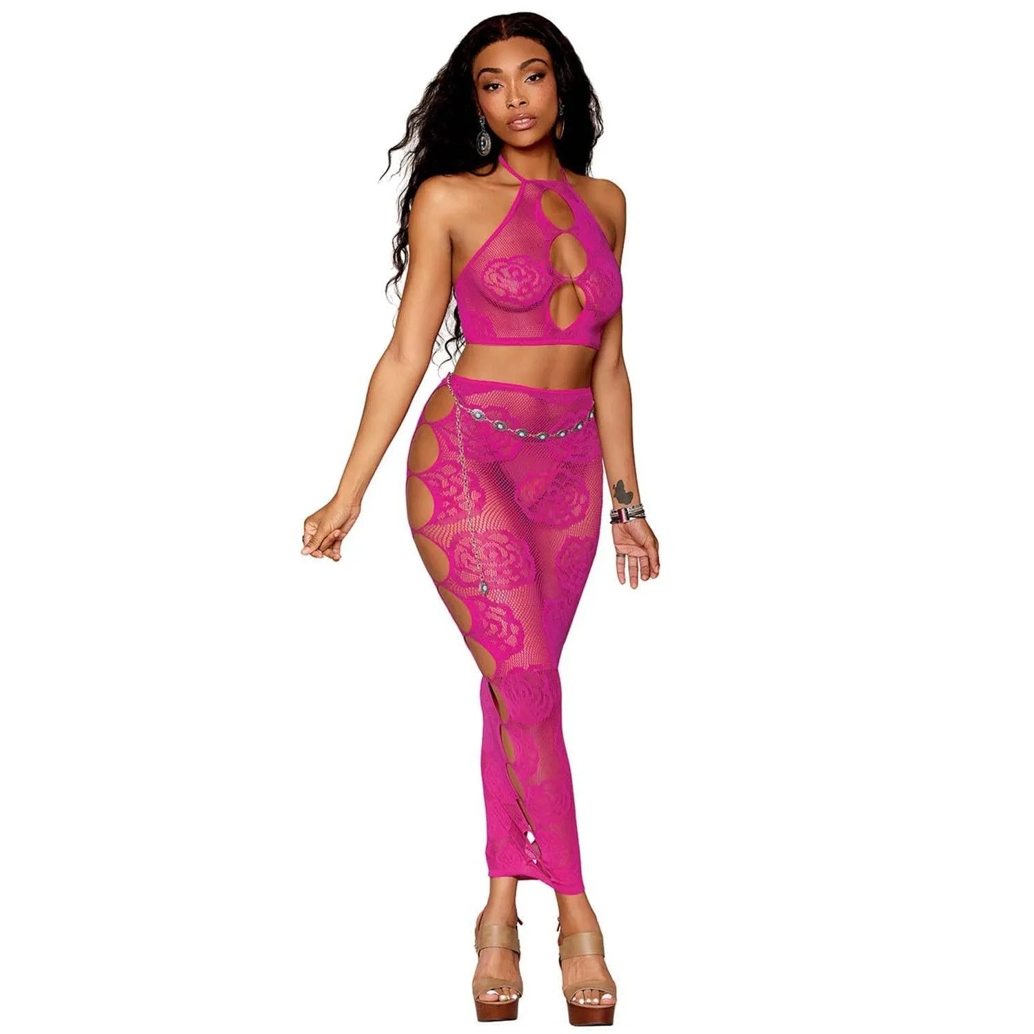 ensemble lingerie résille rose dos nu soutiengorge bandeau jupe longue sans couture nylon élasthanne extensible confortable séduisant glamour femme soirée