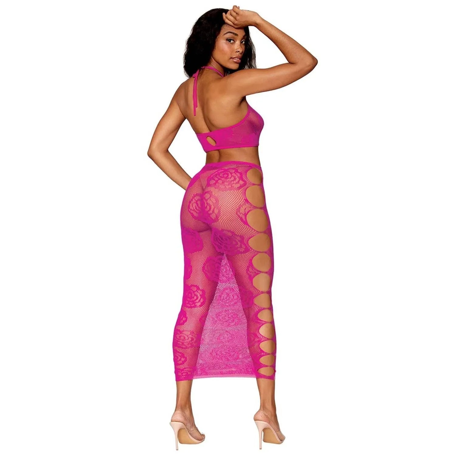 Ensemble lingerie résille rose dos nu, soutien-gorge bandeau, jupe longue motifs séduisants, nylon élasthanne extensible.