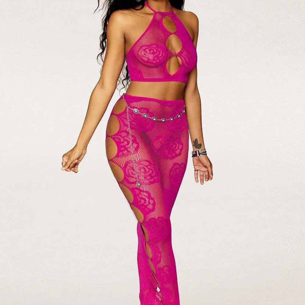Ensemble lingerie résille rose dos nu avec soutien-gorge bandeau et jupe longue, motifs séduisants, nylon élasthanne.