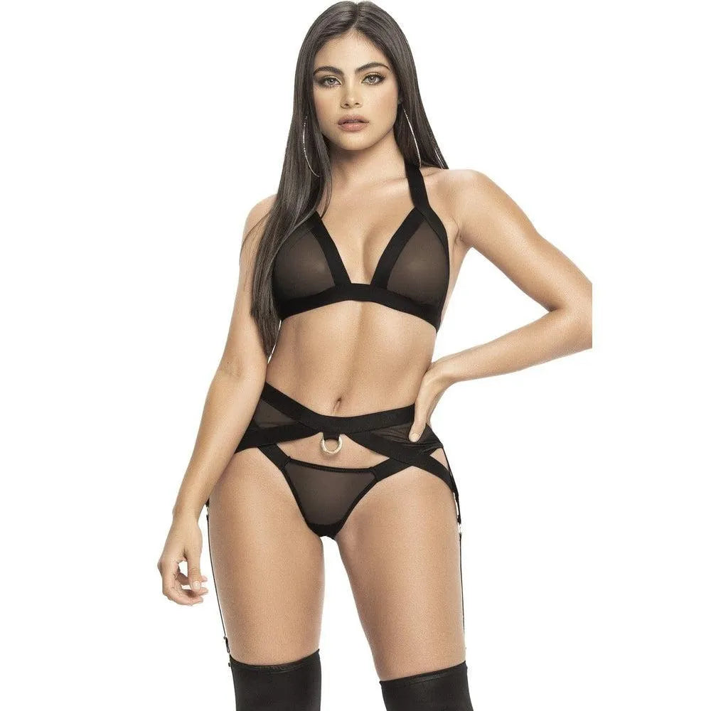 Ensemble lingerie résille noire audacieuse Mapalé trois pièces haut triangle portejarretelles string ouvert bretelles élastiques ajustables nylon élasthanne douceur silhouette