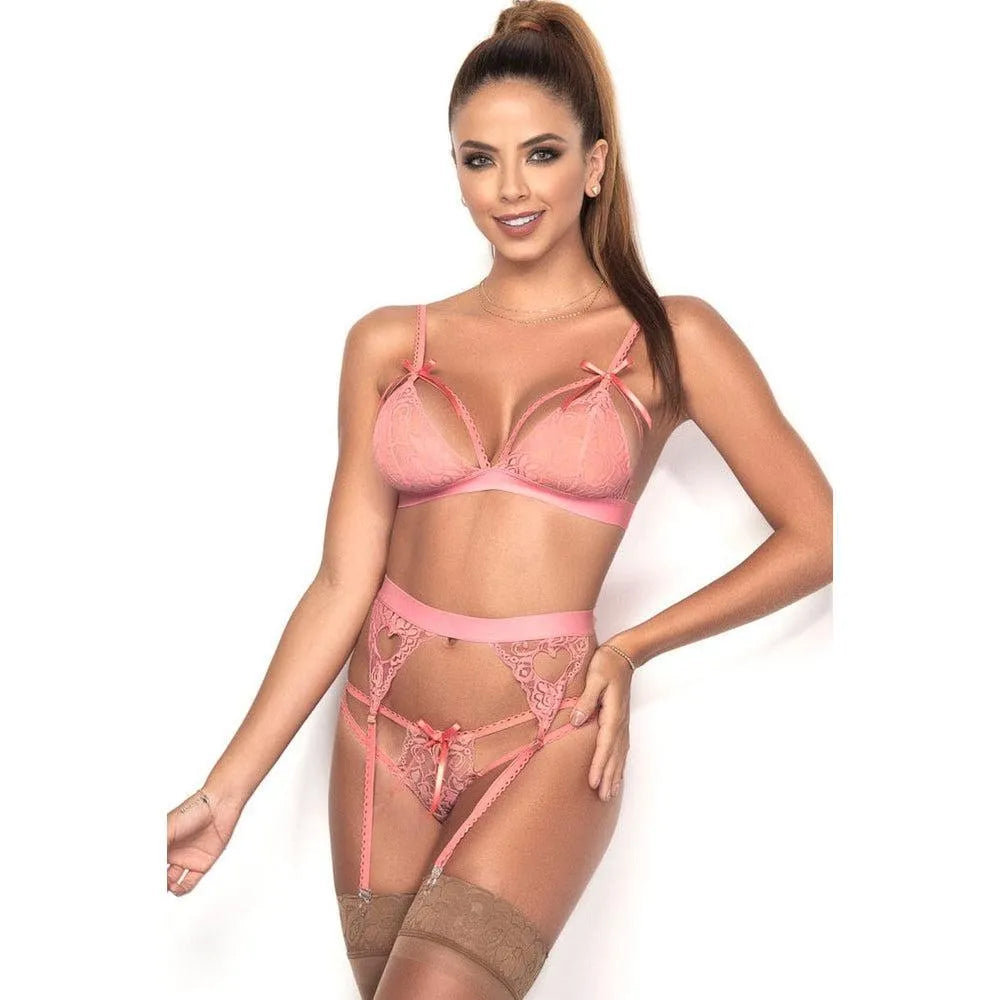 ensemble lingerie pièces romantique sensuel rose pâle dentelle délicate satin noeud portejarretelles bandes élasthanne string coeur soutiengorge confortable sexy