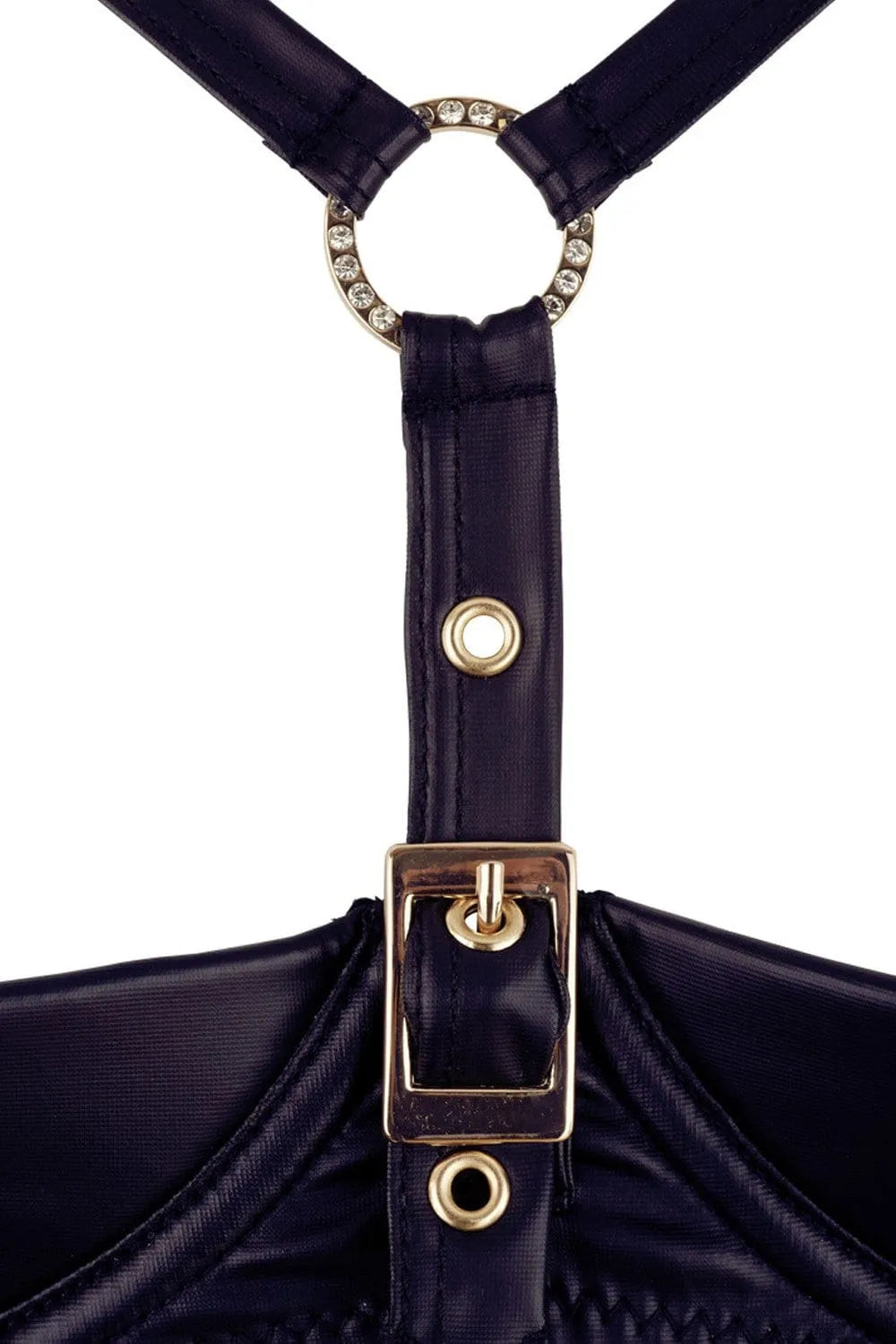 Ensemble lingerie noir trois pièces avec soutien-gorge demi-seins, porte-jarretelles laçage avant, string ouvert.