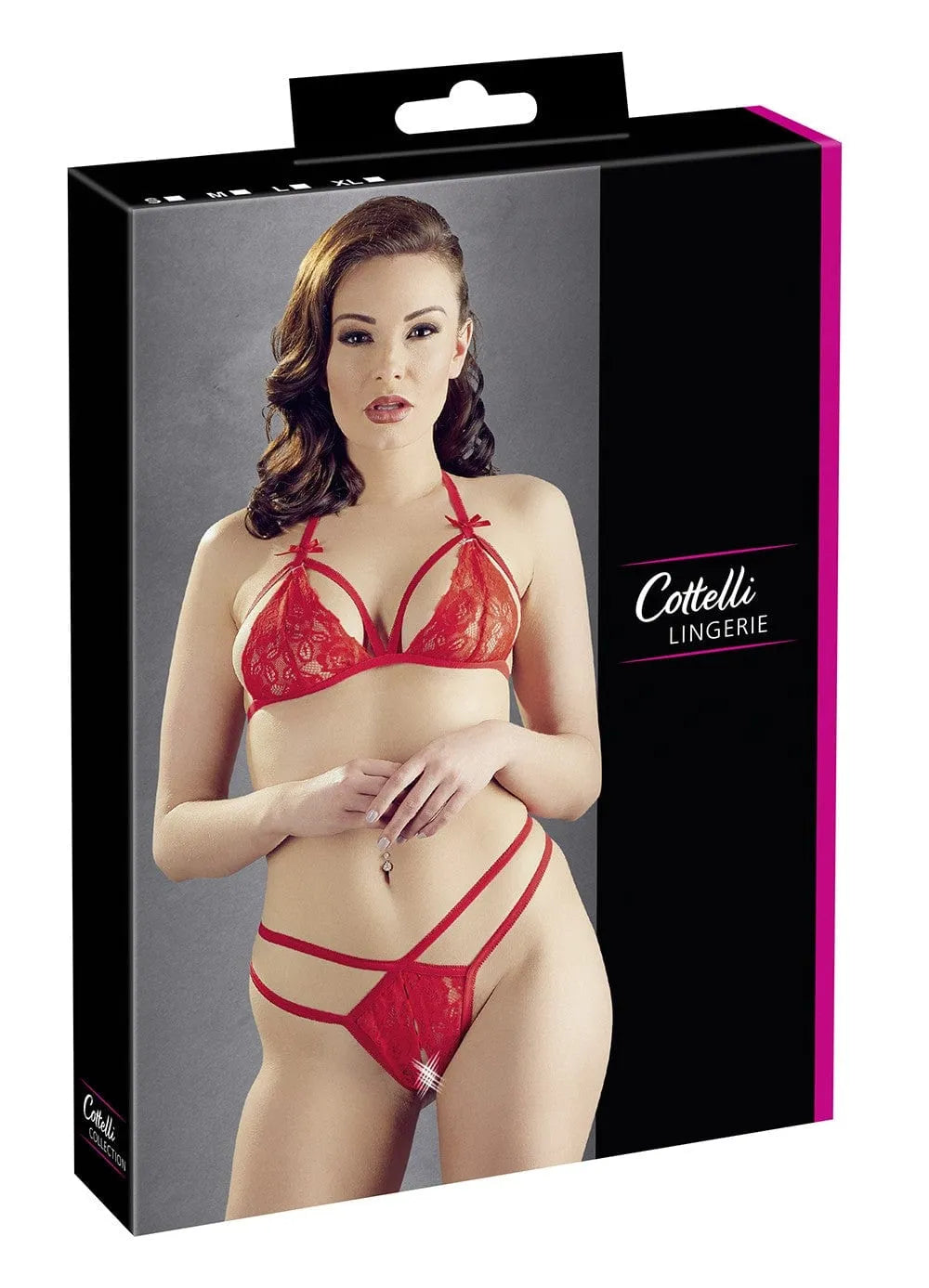 Ensemble lingerie rouge dentelle florale, soutien-gorge bonnets ouverts, string ouvert, rubans satinés, Cottelli.