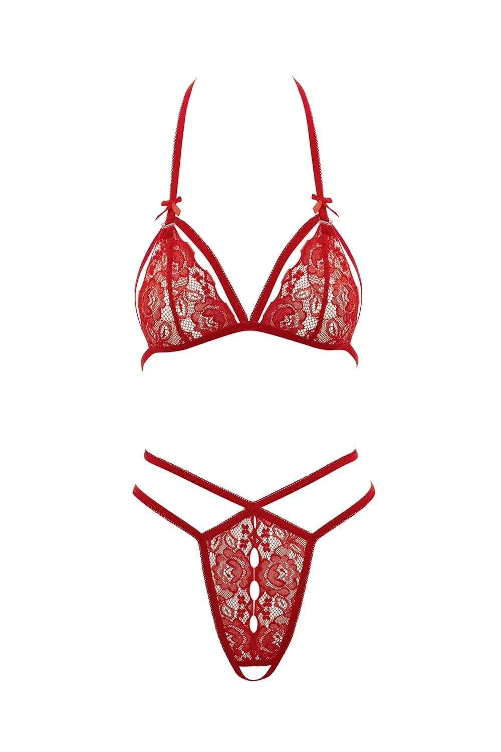 Ensemble lingerie rouge dentelle florale, soutien-gorge bonnets ouverts, string ouvert entrejambe, rubans satinés Cottelli.