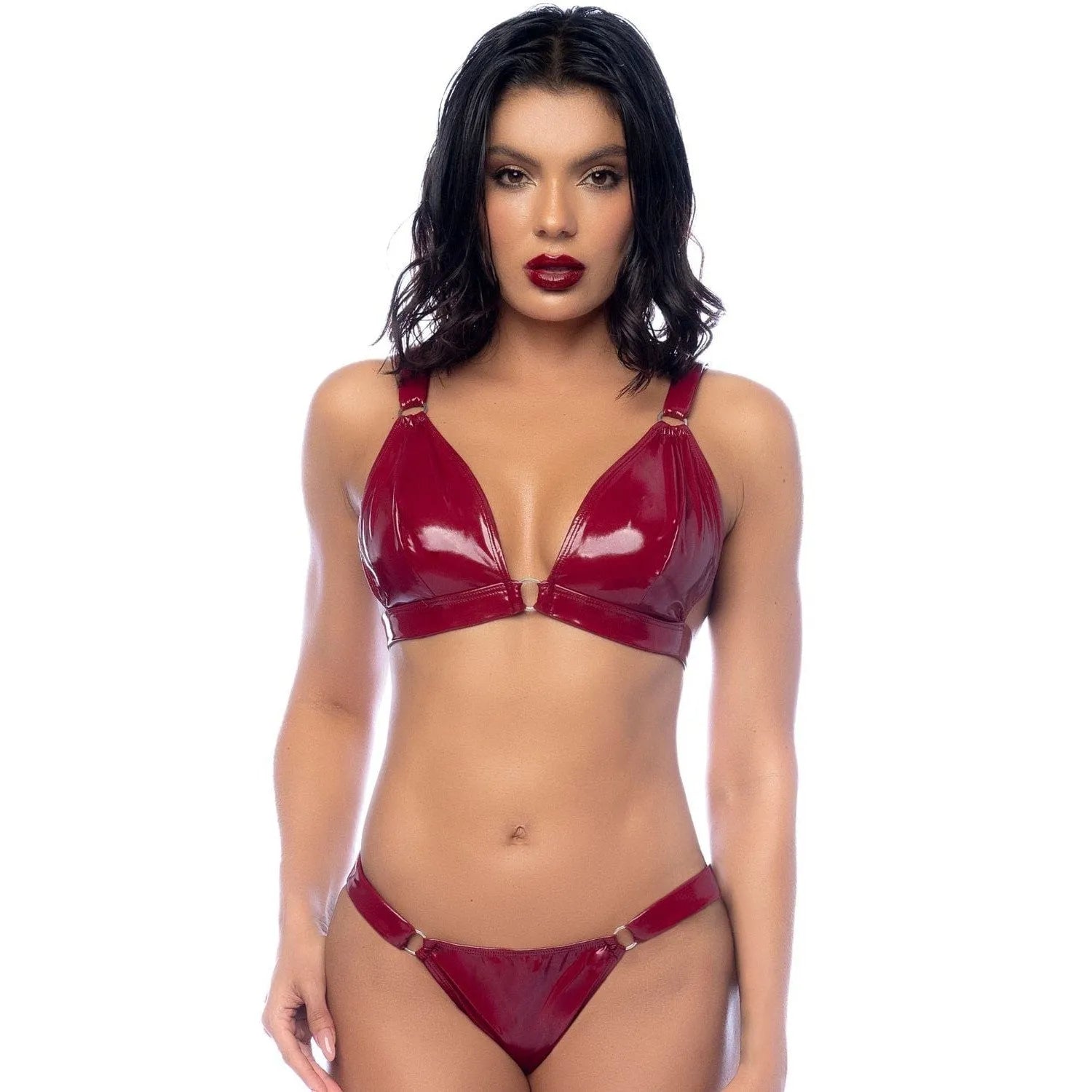 Ensemble Lingerie Vinyle Deux Pièces Iconique Audacieuse Sophistiquée Soutiengorge Anneaux Tanga Éclatant Confortable Ajustable Qualité Supérieure Séduisant Portejarretelles