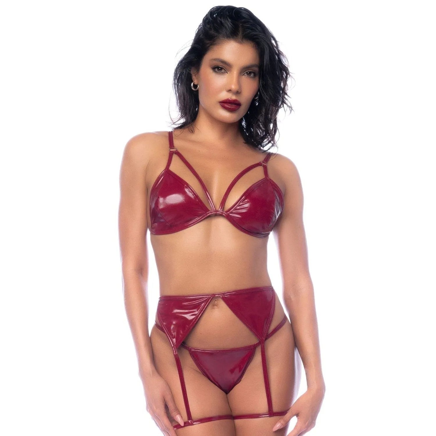Ensemble lingerie vinyle trois pièces audacieux séduisant soutiengorge bretelles réglables portejarretelles string brillant confortable polyester polyuréthane élasthanne