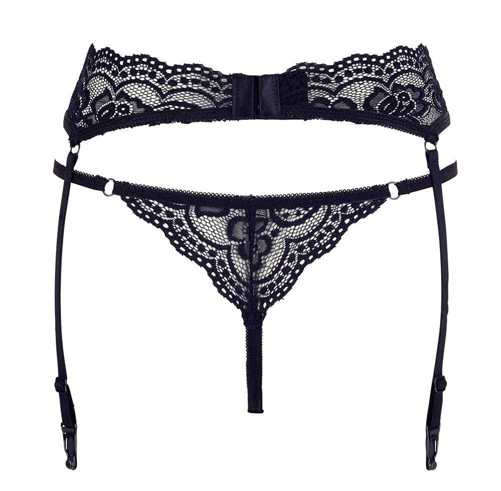 Ensemble porte-jarretelles dentelle noire ajustable avec string ficelle, design élégant et sexy pour silhouette sublimée.