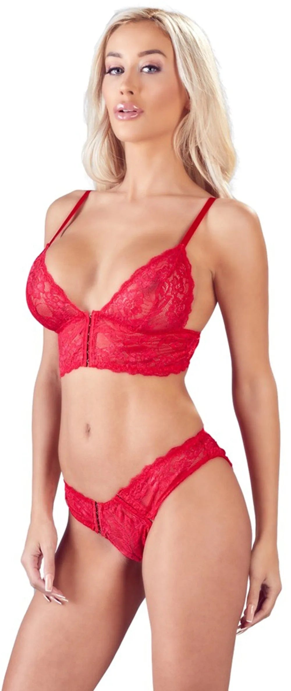 Ensemble lingerie rouge dentelle florale, soutien-gorge souple, bretelles réglables, culotte haute, fermeture crochet.