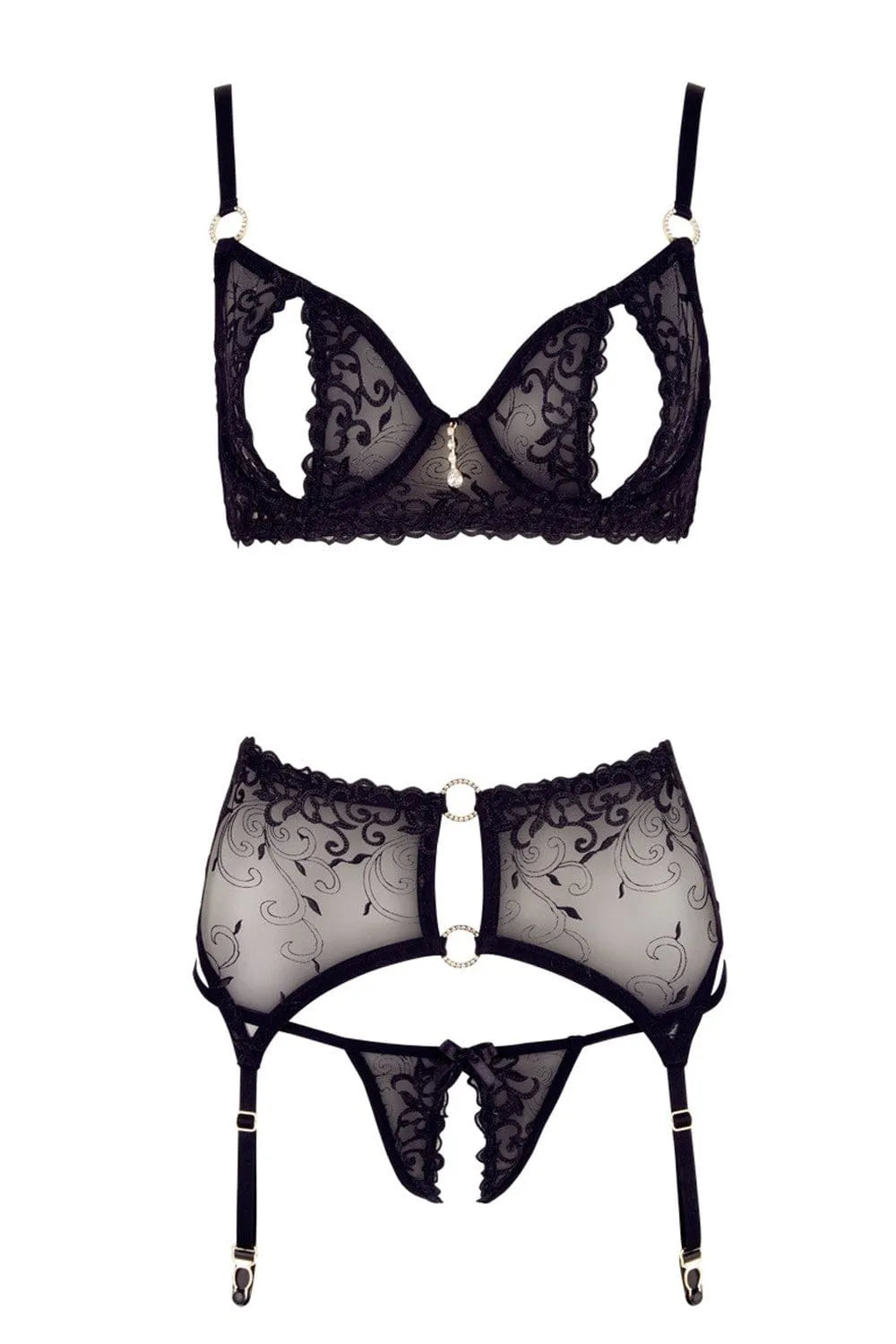 Ensemble lingerie femme noir dentelle transparente, soutien-gorge armatures, porte-jarretelles réglables, string ouvert.