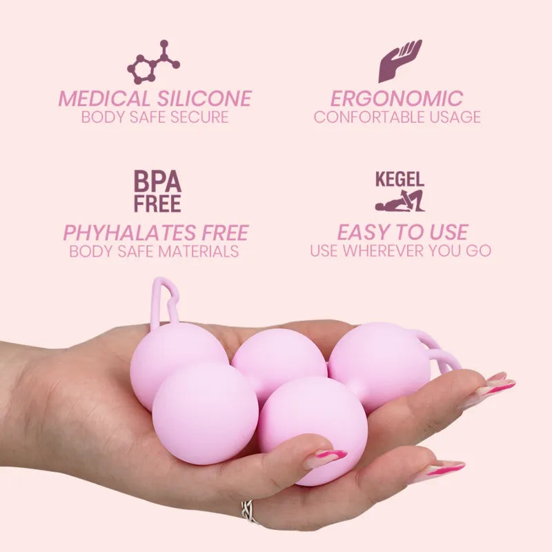 Entraineur pelvien rose en silicone médical, design ergonomique, tailles progressives, cordon extraction, hypoallergénique.
