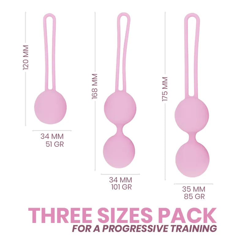 Entraîneur pelvien silicone rose, trois tailles progressives, design ergonomique, cordon extraction, renforcement Kegel.