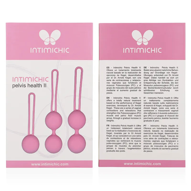 Entraineur pelvien silicone rose, ergonomique, tailles progressives, cordon extraction, boîte Intimichic, renforcement Kegel.