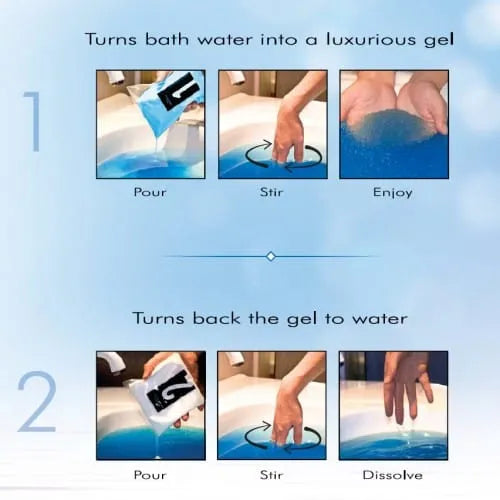 Sachet de sels de bain japonais lotus bleu, transformant l'eau en gelée parfumée, ambiance relaxante et nourrissante.