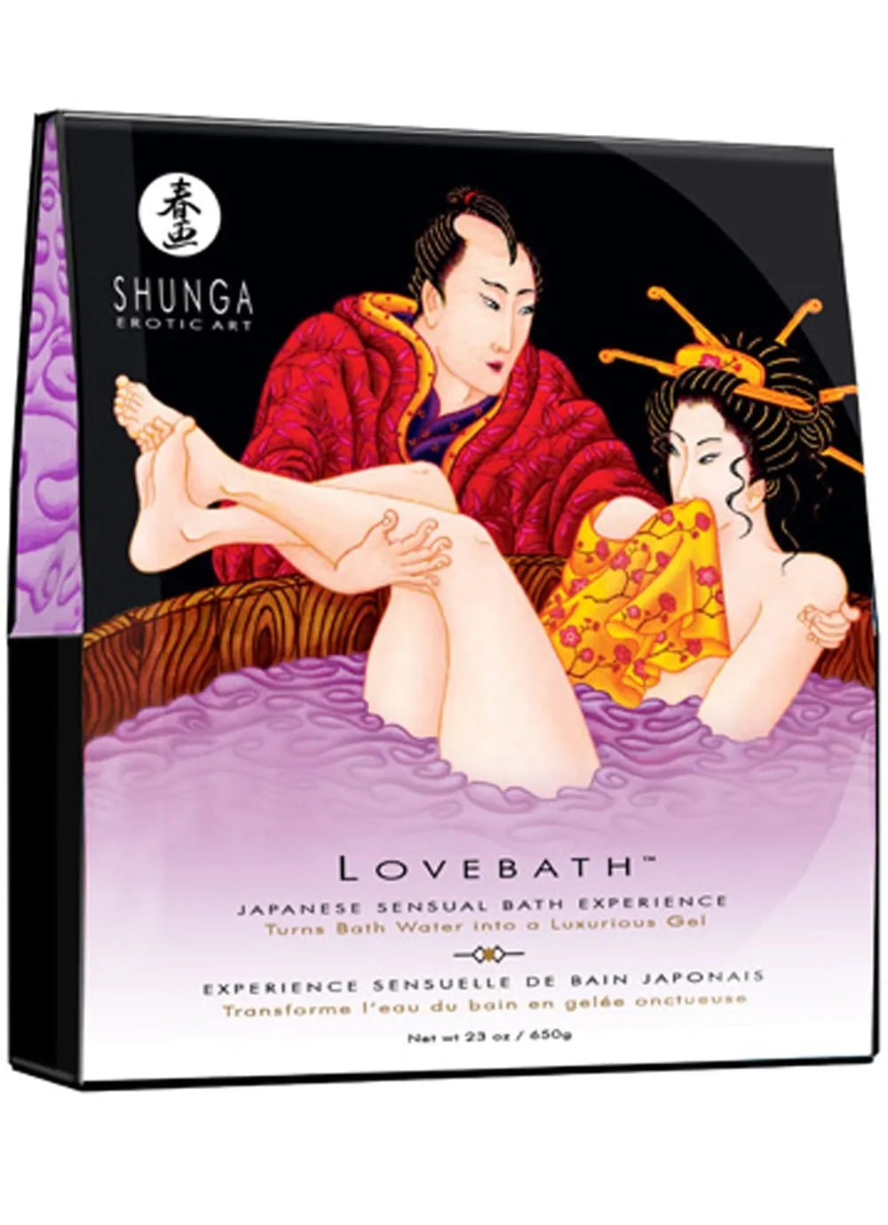 Emballage coloré de sels de bain japonais lotus avec illustration artistique sensuelle, texte en anglais et logo Shunga.