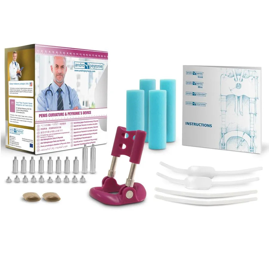 Extenseur pénien médical rouge avec accessoires, boîte et manuel pour corriger la courbure du pénis, traitement Peyronie.