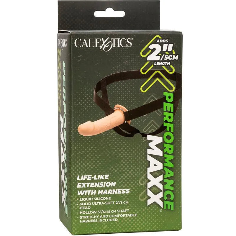 Extension harnais silicone réaliste beige, 5cm, base large, anneau métallique, sangles épaisses, boîte verte.