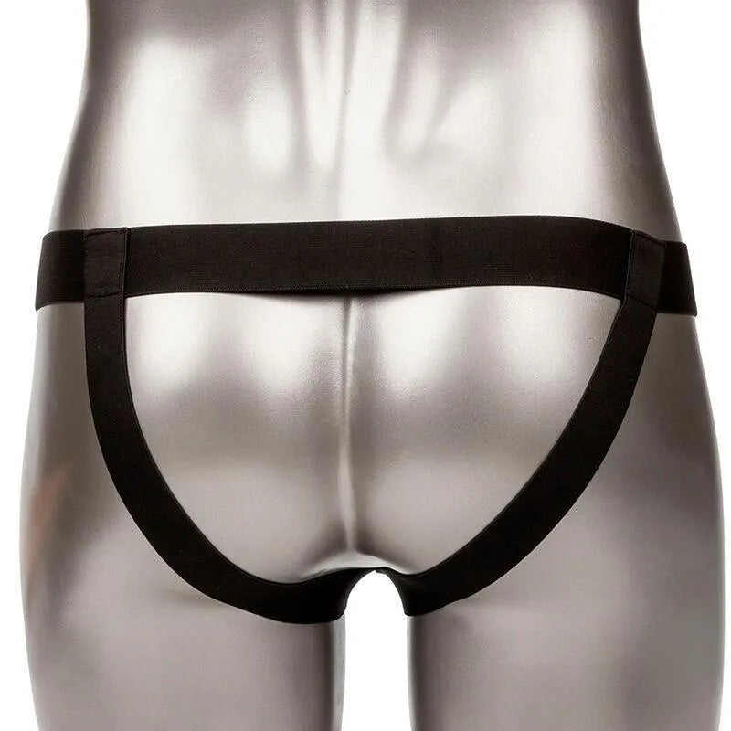 Harnais réaliste en silicone liquide noir avec sangle épaisse et anneau métallique, extension 5cm, imperméable.