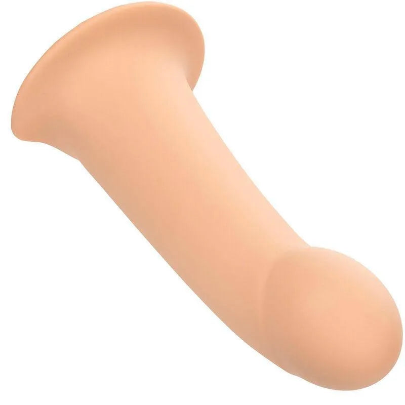 Extension harnais silicone liquide beige, forme réaliste, base large, surface lisse, durable et imperméable.