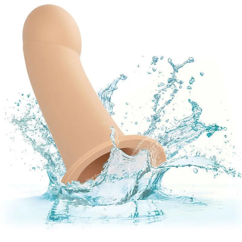 Extension harnais silicone liquide beige, 5 cm, base large, imperméable, sans phtalates, surface lisse et douce.