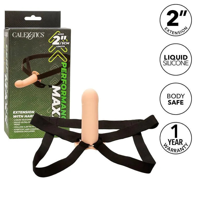 Extension harnais silicone liquide beige, 5 cm, base large, sangles élastiques noires, emballage vert visible.
