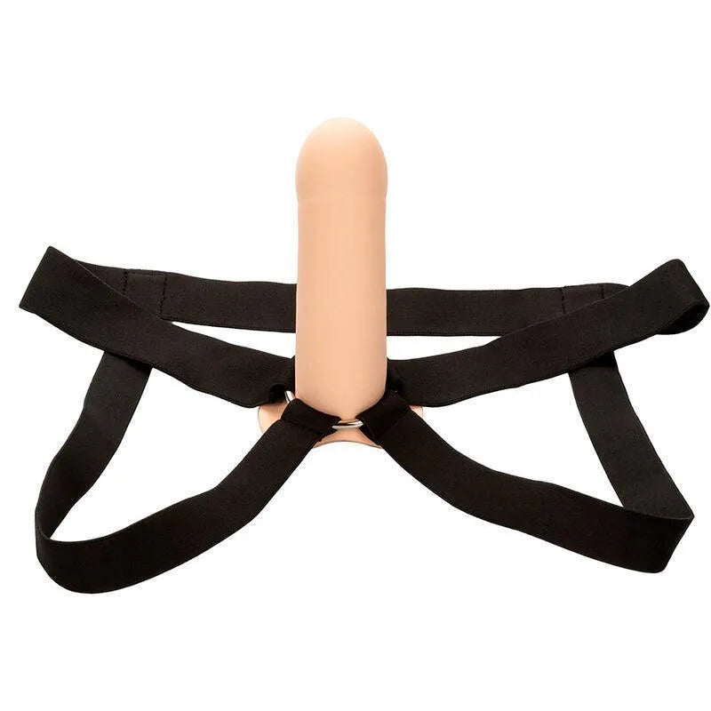 Extension harnais silicone liquide beige, 5 cm, base large, sangles noires élastiques épaisses, imperméable et doux.