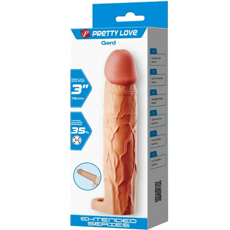 Extension pénis silicone réaliste beige avec tige creuse, anneau de maintien et nœuds surélevés, boîte bleue.