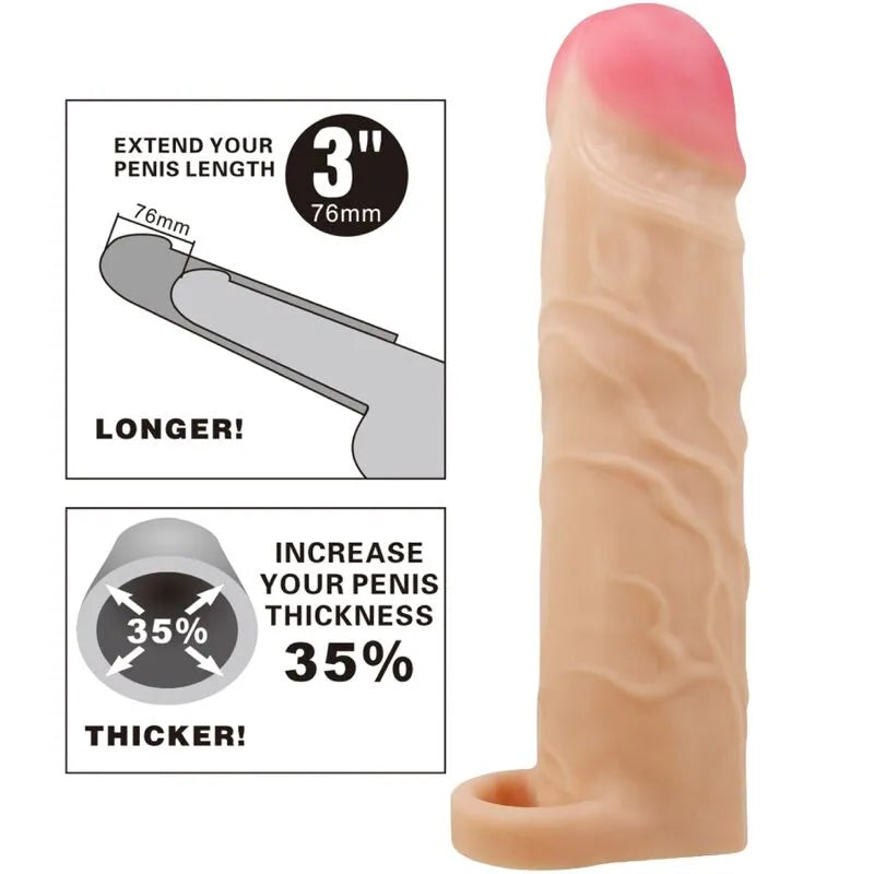 Extension pénis silicone réaliste beige, texture veineuse, tête rose, tige creuse, anneau maintien, stimulation intense.
