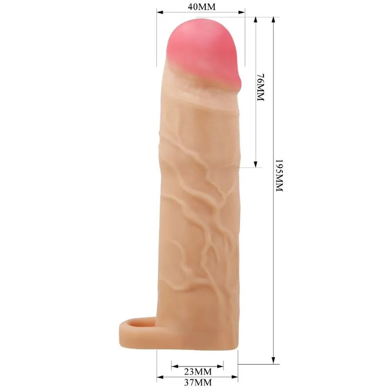 Extension pénis silicone réaliste beige, tête rose, tige creuse avec anneau, détails veineux, dimensions visibles.
