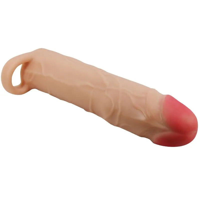 Extension pénis silicone réaliste beige avec nœuds surélevés, tige creuse et anneau maintien, stimulation intense.