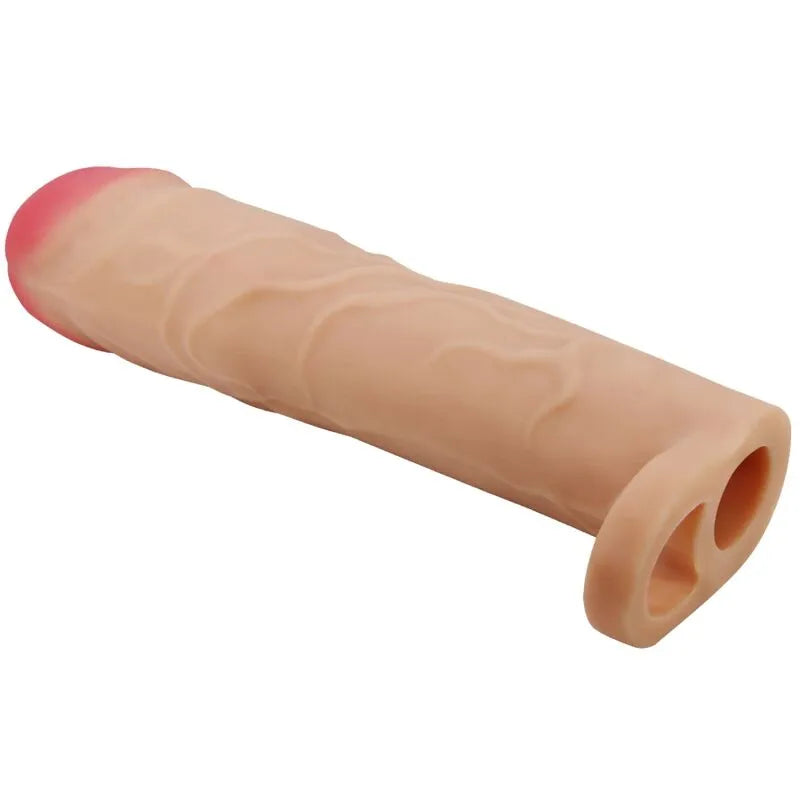 Extension pénis silicone réaliste beige, tige creuse, anneau maintien, nœuds surélevés, bout rose, stimulation intense.