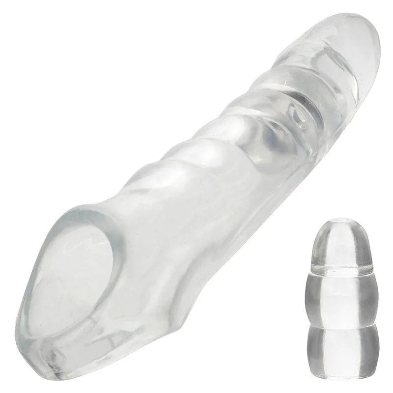 Extension godemichet transparent extensible réaliste creuse tête ultra douce longueur augmentée sangle scrotale stable trois butées ajustables sans phtalates hypoallergénique