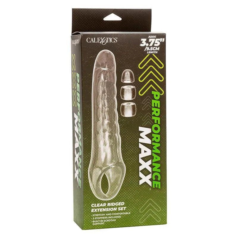 Extension godemichet transparent réaliste avec tête douce, sangle scrotale, trois butées ajustables, hypoallergénique.